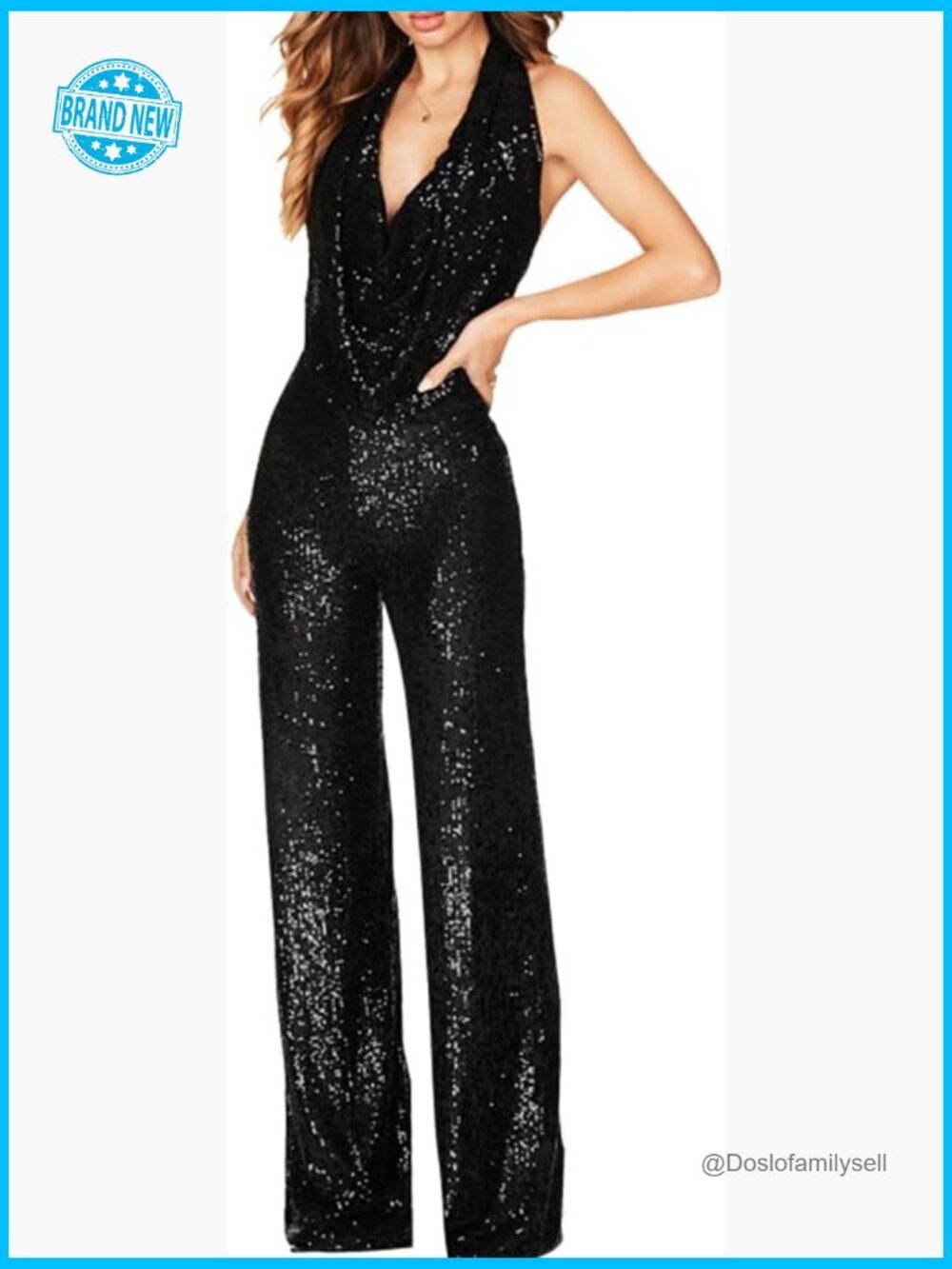 Sequin Jumpsuit Halter Neck Backless Wide Leg Glitter Party Romper